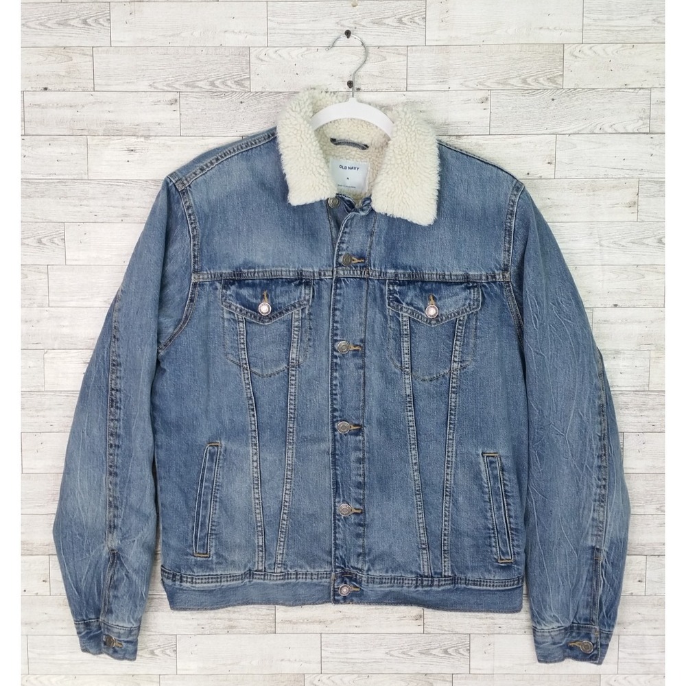 Women's Old Navy Sherpa Lined Jean Jacket Sz M Denim Classic Trucker Coat Y2K